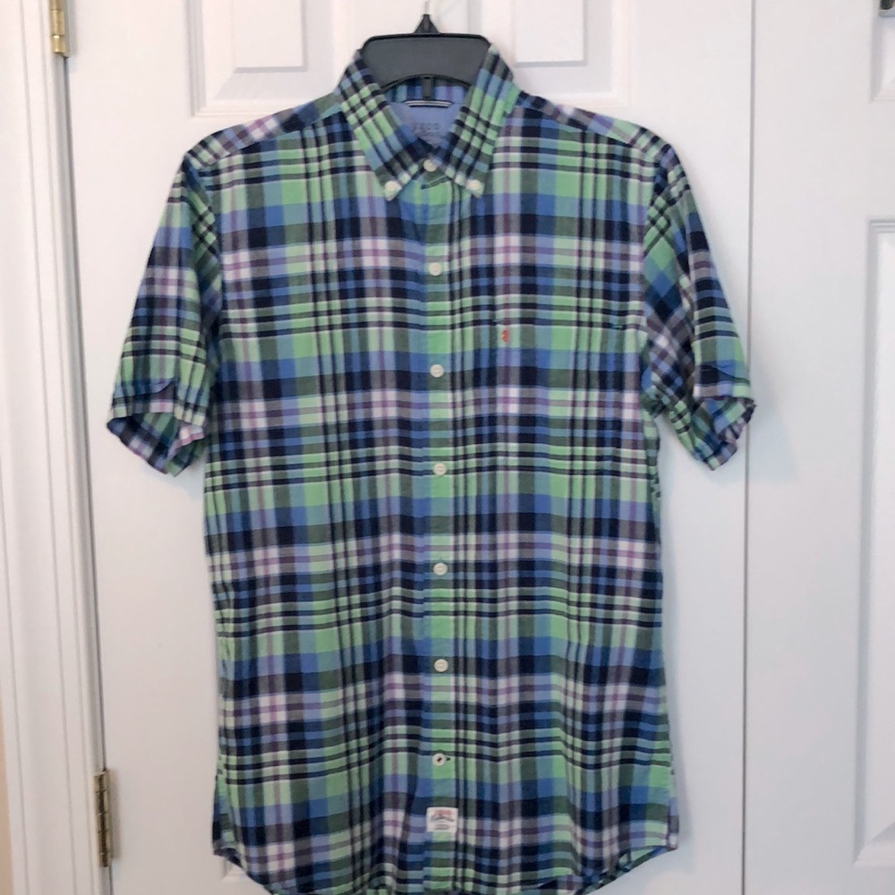 Men’s Izod Button-Down, NWOT, Blue/Green Short-Sleeve Shirt, 100% Cotton, Sz-S